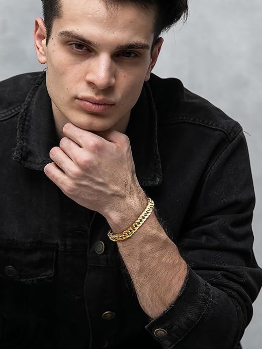 8/12/17mm Wide Cuban Link Bracelet for Men Father Gift 18K Gold/Black Plated Stainless Steel Bracelets 7.4-9 Inches(Gift Wrapped)