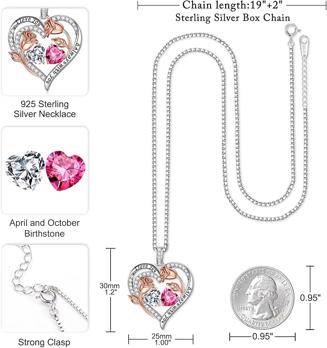 Iefil Birthstone Necklace for Women - 925 Sterling Silver Rose Heart Birthstone Necklace Birthday Anniversary Jewelry Gifts for Her Wife Mom Daughter