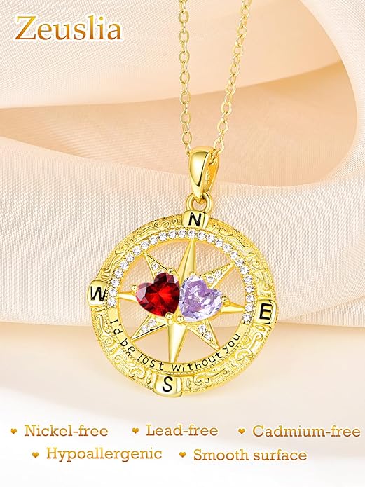 Zeuslia Double Birthstone Necklace Gifts for Wife - 925 Sterling Silver Sunflower/Rose/Crown Cross/Compass/Heart Pendant I Love You Necklace, Anniversary Birthday Gifts for Wife Girlfriend Mom Her