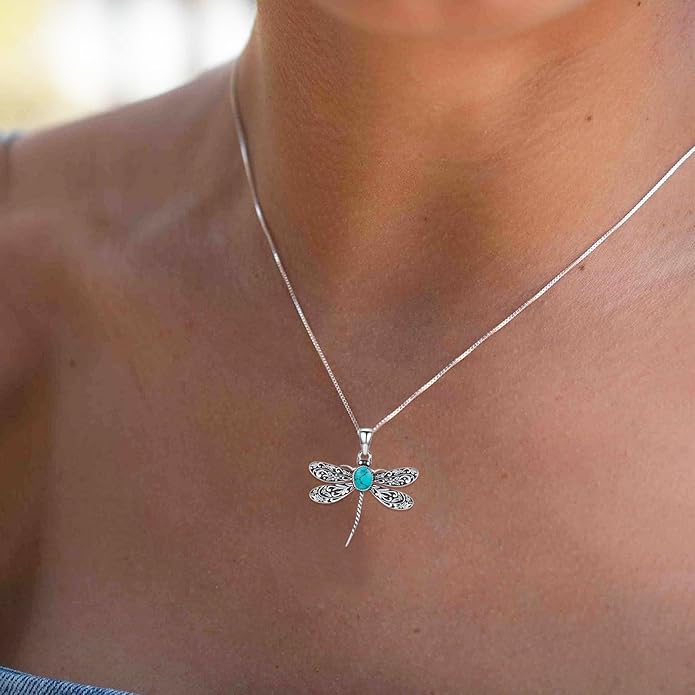 Vintage Dragonfly Necklace for Women 925 Sterling Silver, Oval Birthstone Dragonfly Pendant Boho Jewelry Birthday Gift for Her, Mom, Grandma