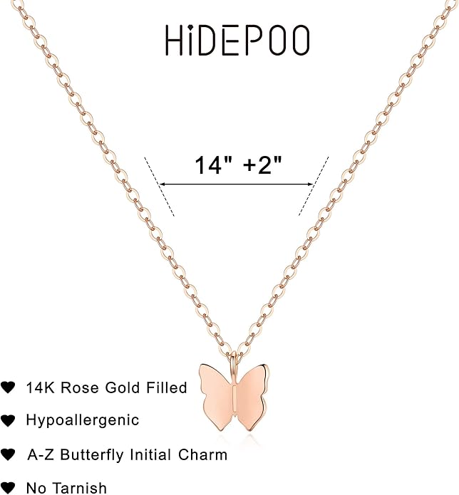 Hidepoo Initial Butterfly Necklace for Girls Gifts, 14K Gold/Silver/Rose Gold Filled Dainty Butterfly Pendant Choker Necklace Initial Butterfly Necklace Birthday Gifts for Girls