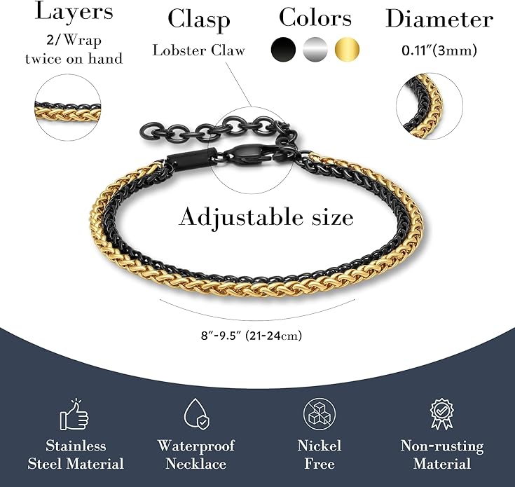 Galis Mens Bracelet Dvir - Stainless Steel for Men, Non Tarnish Rope Chain Bracelets, Stylish Birthday, Gift for Men, Dad, Husband, Boyfriend