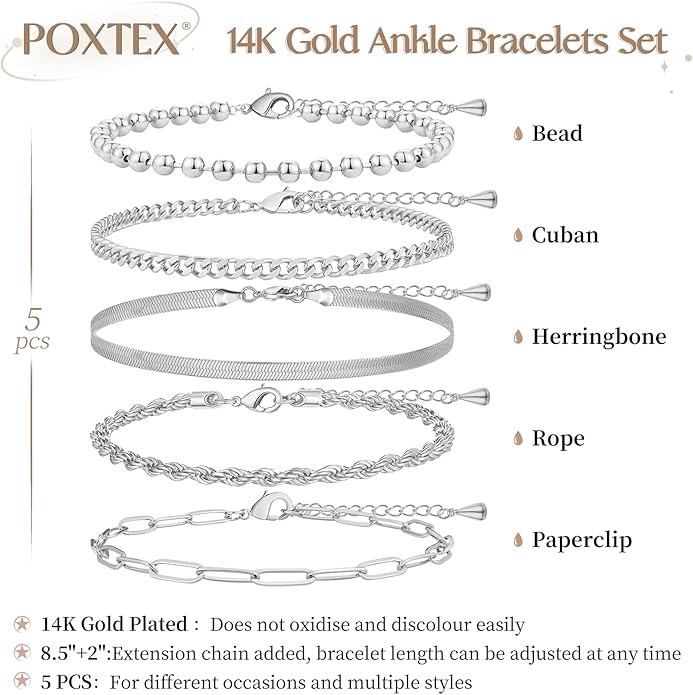 Sterling Silver Anklet Bracelets for Women Waterproof, 925 Sliver Plated CZ & Heart Charm Dainty Layer Anklets for Women Trendy, Simple Chain Anklets Set Gifts for Women, Jewelry Gifts for Her Women Mom Wife Girlfriend