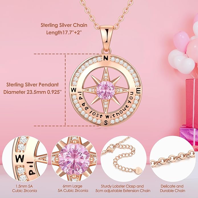 Zifeel Compass Necklace Gifts for Women wife - S925 Sterling Silver Birthstone Necklaces for Women - Anniversary Birthday Gifts for Her Wife Girlfriend - Valentines Mom Mothers Day Christmas Gifts Jewelry for Women