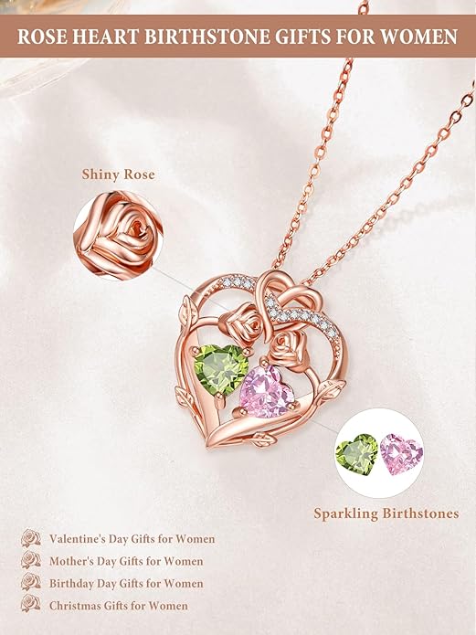 Rose Gold Necklaces for Women Double Birthstone Rose Flower Heart Pendant Necklace Jewelry Anniversary Christmas Valentine's Mother's Day Birthday Gift for Wife Mom Her Girlfriend Sister