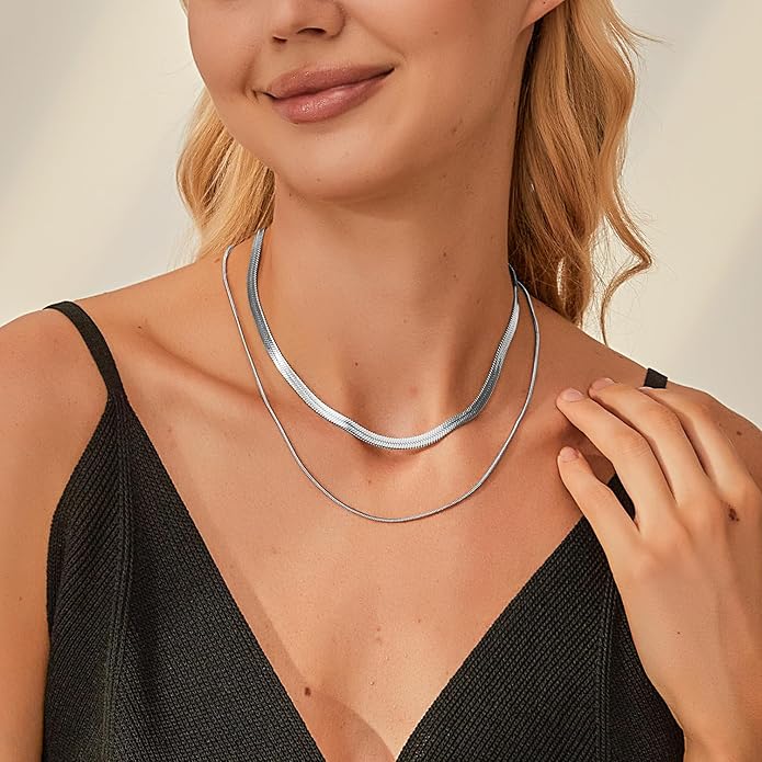 Jewlpire 925 Sterling Silver Herringbone Necklace for Women, 3mm 4mm 5mm Necklace for Women Herringbone Chain Necklaces Dainty Women's Chain Necklaces 16 18 20 22 24 Inch