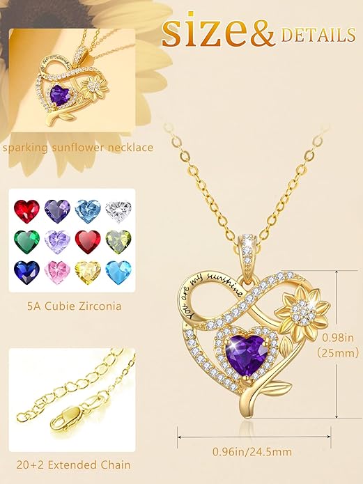 14K Gold Sunflower Heart Necklace for Women, You Are My Sunshine Jewelry with Birthstone Pendant, Anniversary Birthday Gifts for Her Wife Mom Grandma Daughter
