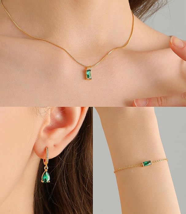 Birthstone 14K Gold Plated Bracelets Earrings Necklaces Jewelry Set， Blue Green May Cubic Zirconia，Friendship Bracelets Jewelry Gifts for Mom Best Friend Birthday
