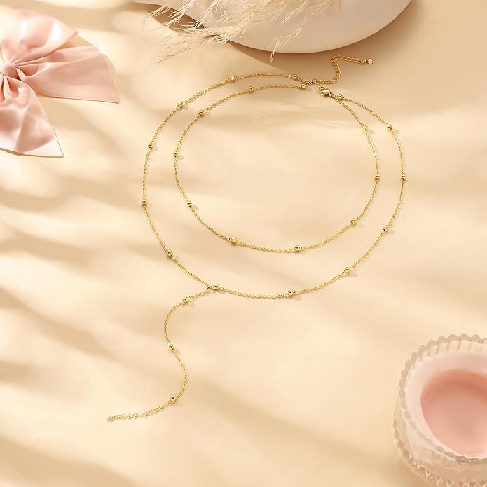 LOVELUCK Long Lariat Necklace for Women,Dainty Layered Y-Shaped Necklaces 14k Gold/Silver Plated Drop Chain Trendy Christmas Jewelry Gifts