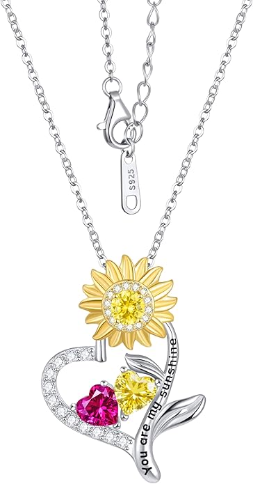 PERJI Valentine's Day Gifts for Women - 925 Sterling Silver Double Birthstone Sunflower Necklace, Anniversary Birthday Jewelry You are My Sunshine Gifts for Wife Couple Girlfriend 18"+2" Non Tarnish