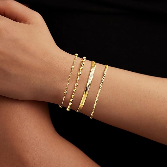 Gold Bracelets for Women Trendy,14K Gold Plated Dainty Stackable Paperclip Cuban Link Chain Bracelets, Simple Cute Cuff Bracelets Jewelry Set Adjustable 7"+2"
