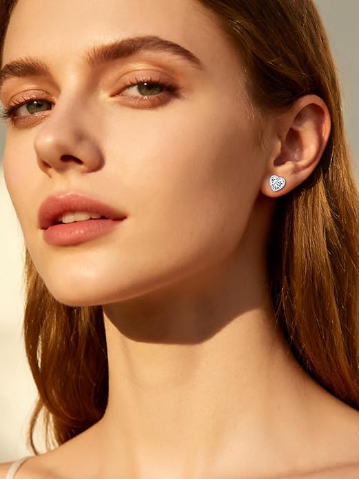 ChicSilver 925 Sterling Silver Birthstone Earrings for Women, 8MM/2 Carat Heart & Round Cubic Zirconia Stud Earrings, Hypoallergenic Jewelry, Ideal Birthday or Christmas Gifts