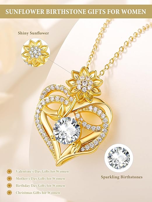 14K Gold Sunflower Birthstone Necklace for Women Infinity Love Heart Necklace Christmas Valentines Mothers Day Anniversary Birthday Gifts for Her Mom Wife Girlfriend Daughter