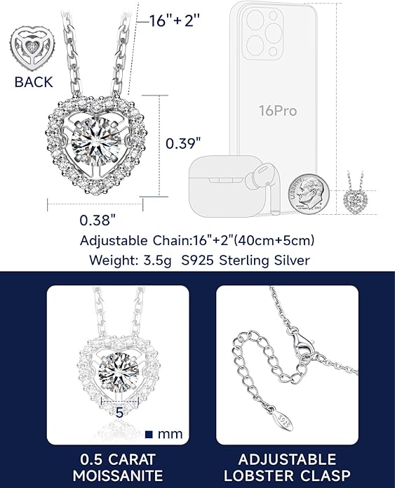 MomentWish Dancing Heart Necklace for Women, 0.5/1 Carat Dancing Moissanite Necklace for Her 925 Sterling Silver Pendant Anniversary Birthday Christmas Gift for Wife Mom Girlfriend