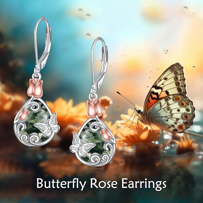 AOBOCO Butterfly/Dragonfly/Bee/Ladybug Leverback Earrings 925 Sterling Silver Rose Lotus Tulip Flower Filigree Dangle Earrings Teardrop Moonstone Larimar Turquoise Abalone Shell Jewelry Birthday Gifts for Women