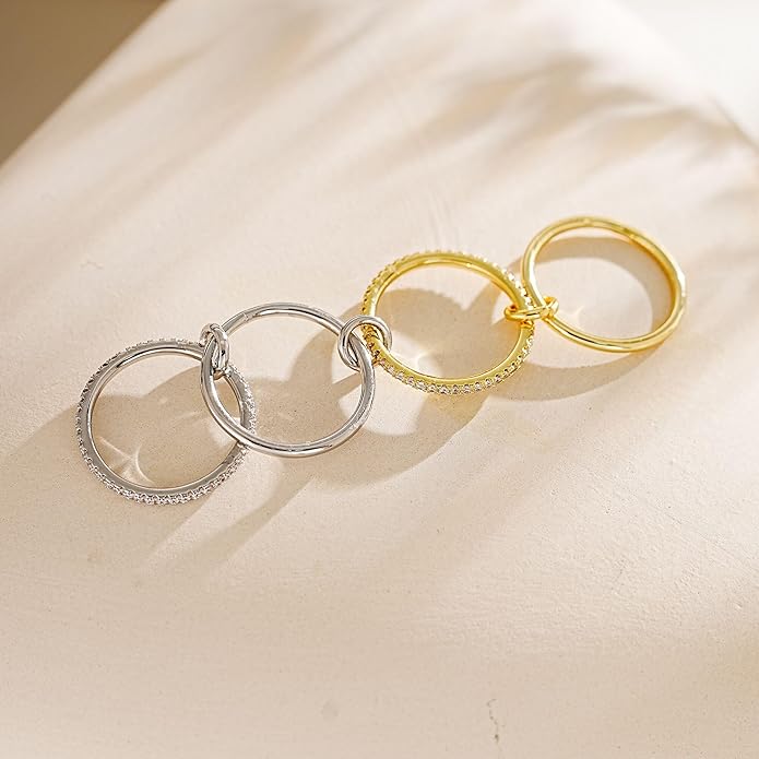 NOKMIT 14K Gold Plated 4 Interlocking Stackable Rings Set with CZ Cubic Zirconia Gold & Silver Mixed Metals Multi-Link Connected Statement Bands for Women Hypoallergenic Non Tarnish Jewelry Gifts