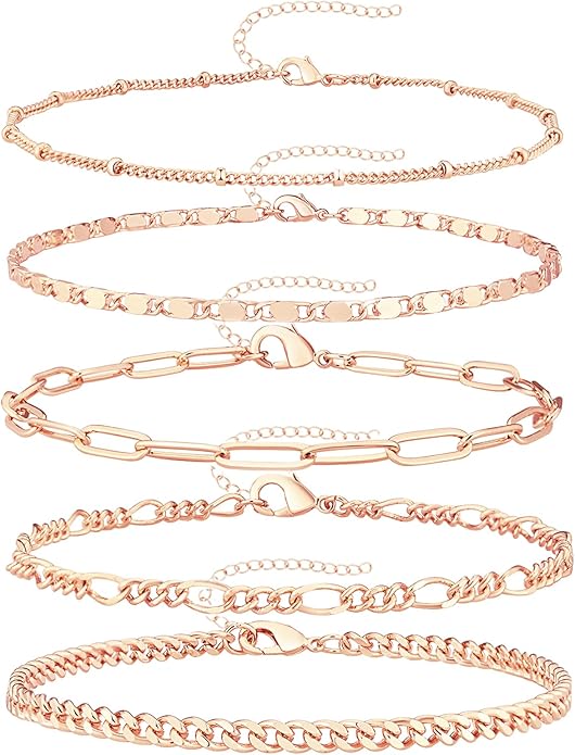 Gold Bracelets for Women Trendy,14K Gold Plated Dainty Stackable Paperclip Cuban Link Chain Bracelets, Simple Cute Cuff Bracelets Jewelry Set Adjustable 7"+2"