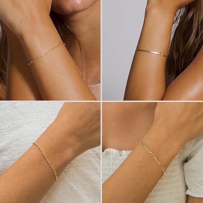 DEARMAY 14K Gold Plated Bracelets for Women, Jewelry Sets Cute Tennis Beaded Bracelets Cuban Link Paperclip Chain Dainty Bracelet Pack Gifts