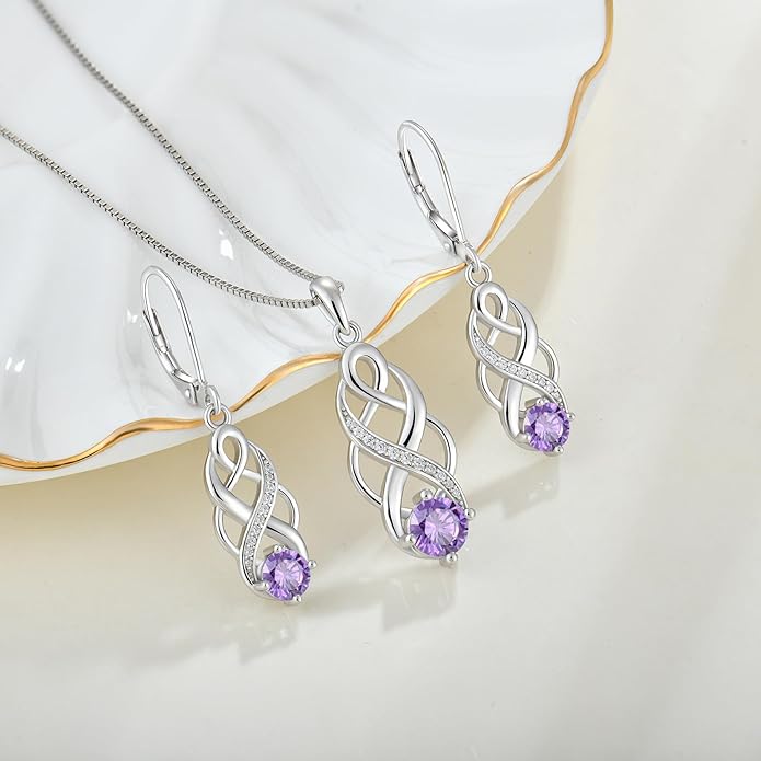 Infinity Irish Celtic Knot Jewelry Set for Women Amethyst Necklace & Earrings February Birthstone Jewelry Gifts
