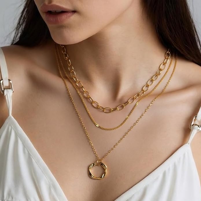 Gold Necklaces for Women Trendy Layered Circle Paperclip Pendant Choker Jewelry