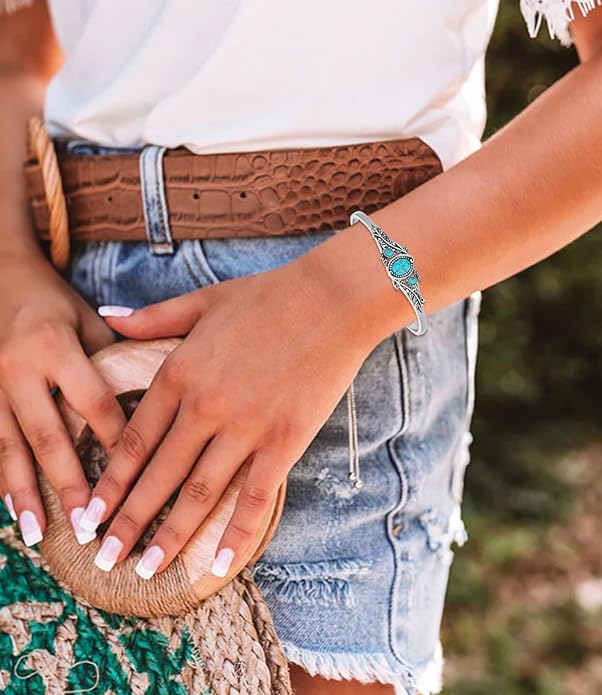 Genuine Turquoise Leaf Boho Bracelet, Sterling Silver Native American Adjustable Bangle Cuff Jewelry for Women, Fit for 6.5 7 7.5 Inches