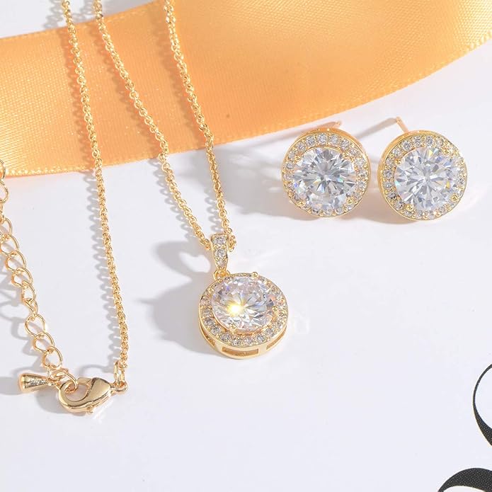 Bridal Crystal Jewelry Set - Sterling Silver Round Cubic Zirconia CZ Rhinestone Halo Birthstone Pendant Necklace Stud Earrings Set for Wedding Bride Bridesmaids Birthday Gift