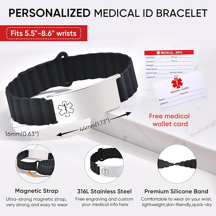 Comfortable Medical ID Bracelet for Men & Women - Custom Engraved Silicone Strap Comfort Fit Medical Alert Bracelets for Sports,Adjustable Waterproof Customizable Wristband for Diabetic