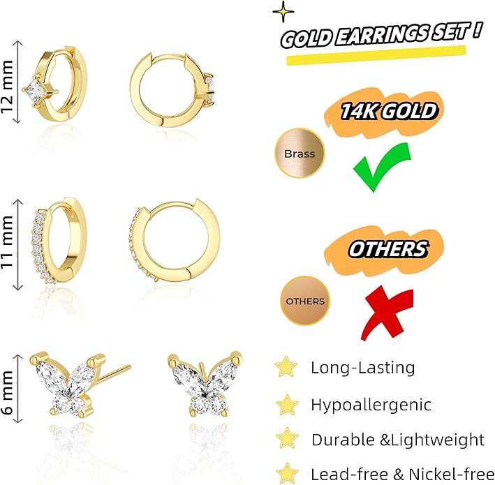 Gold Ear Cuffs Earrings for Women Non Piercing - Clip on Cartilage Earrings Dainty 14K Gold Sterling Silver Plated Cubic Zirconia Huggie Hoop Earring for Women No Tarnish Trendy Jewelry Set
