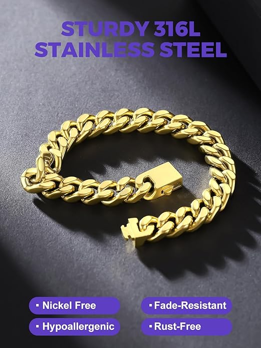 Richsteel 5/7/9/12mm Wide Miami Cuban Link Chain Bracelet for Men Women,Stainless Steel/Gold/Black Plated,7.4/8.2/9 Inch Length,Hip Hop Urban Street-wear Jewelry(Gift Wrapped)