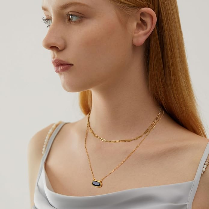 Lourny Gemstone Birthstone Pendant Layered Necklace for Women Trendy, 18K Gold Plated Paperclip Chain Preppy Choker Charm Necklace for Women Wife Jewelry