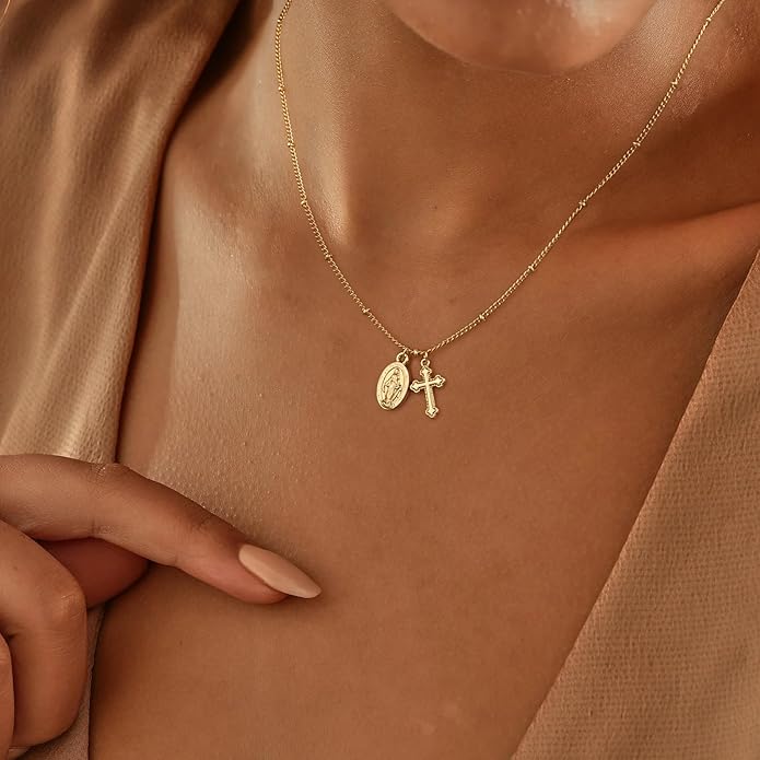 Cross Necklace for Women 14K Gold Silver Plated Dainty Small Cross Pendant Choker Simple Trendy Cute Cross Charm Chain Necklace Easter Basket Stuffers Baptism Religious Faith Jewelry Gift