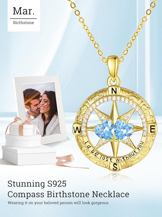 Zeuslia Double Birthstone Necklace Gifts for Wife - 925 Sterling Silver Sunflower/Rose/Crown Cross/Compass/Heart Pendant I Love You Necklace, Anniversary Birthday Gifts for Wife Girlfriend Mom Her