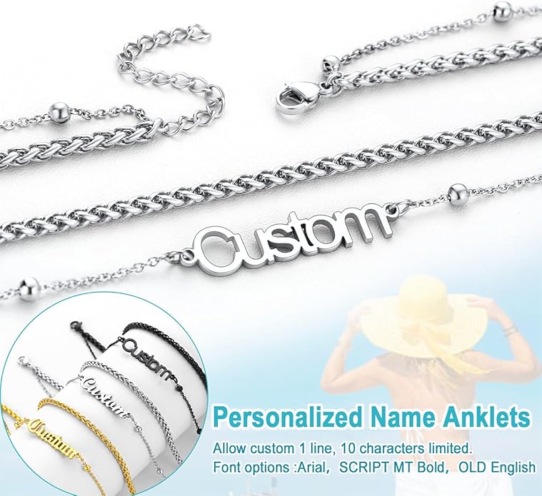 U7 Custom Layered Ankle Bracelets for Women Stainless Steel Bead/Cuban/Figaro/Rope/Wheat Chain Anklet Waterproof Anklet Jewelry for Beach Vacation