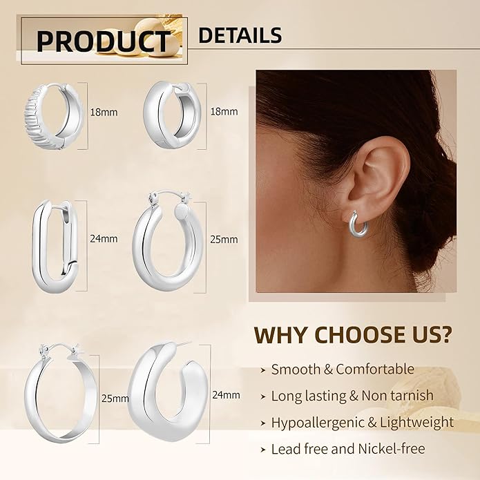 6 Pairs 14K Gold Plated Hoop Earrings for Women Trendy Chunky Lightweight Hoop Earrings Multipack Hypoallergenic, Thick Twisted Huggie Hoops Earring Set Jewelry for Gifts