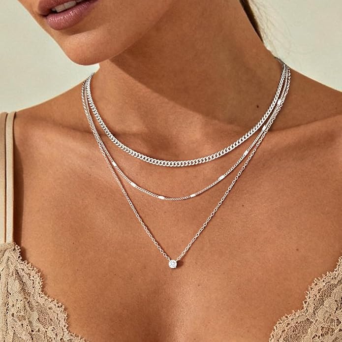 WomenGifts Layered Gold Necklaces for Women, 14K Gold Sterling Silver Plated Dainty Pendant Necklace Set with Cubic Zirconia Circle, Chunky Stackable Cuban Chain Choker, Trendy Personalized Birthstone Jewelry Gift Non Tarnish
