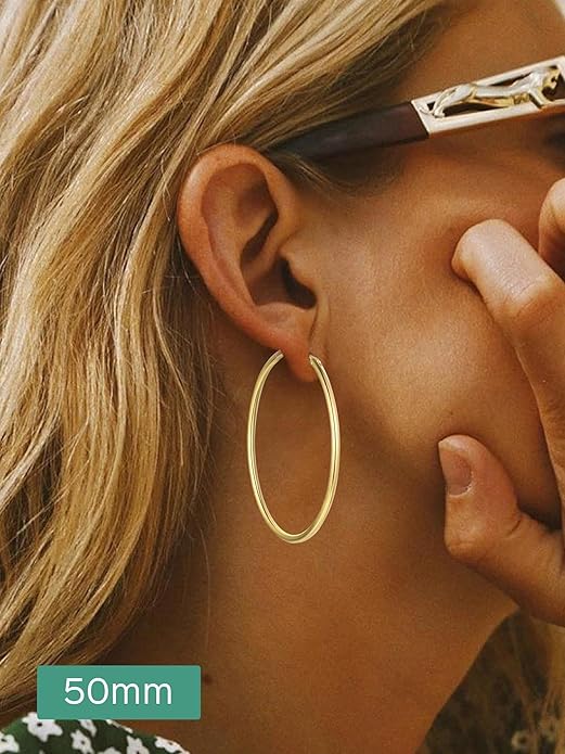 ChicSilver Hypoallergenic 925 Sterling Silver Hoop Earrings for Women, Lightweight Large Gold Plated Hoop Earrings, Endless Hoops Huggie Earrings 15/20/30/50/70MM