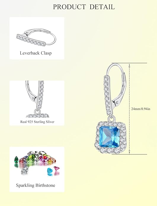 Square Dangle Drop Earrings Sterling Silver Halo Leverback Earrings Birthstone Jewelry for Women