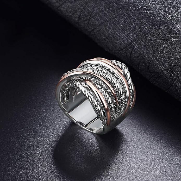 Wide Band Rings Twisted Rope Ring Two-Tone Mixed Metal Braided Statement Rings Fashion Jewelry for Women