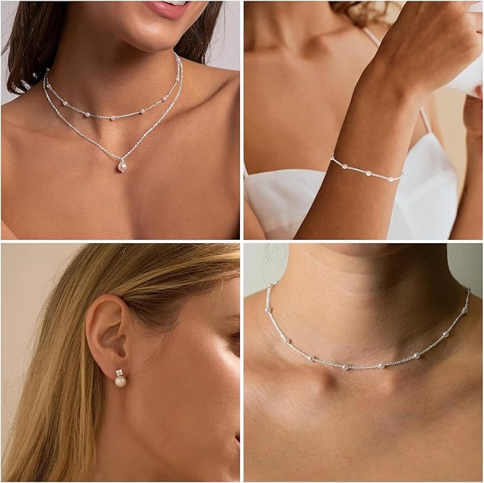 DIBOLA Gold Jewelry Set for Women, Dainty Layered 14K Gold/Silver Pearl Choker Necklaces and Earring Set Pearl Earrings Bracelets Wedding Bride Jewelry
