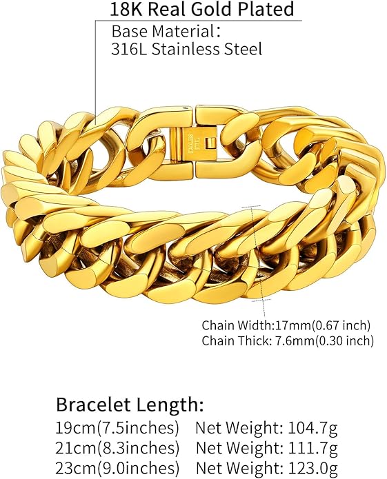 ChainsHouse Stainless Steel Cuban Link Bracelet, 8mm/12mm/17mm Width, 7.5"/8.3"/9", 18K Gold Plated Chain Wrist Bracelets for Men Women, Send Gift Box