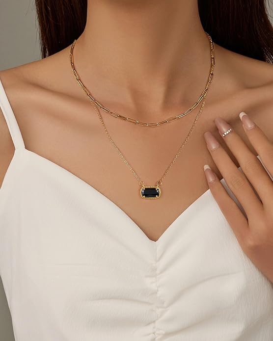 Lourny Gemstone Birthstone Pendant Layered Necklace for Women Trendy, 18K Gold Plated Paperclip Chain Preppy Choker Charm Necklace for Women Wife Jewelry