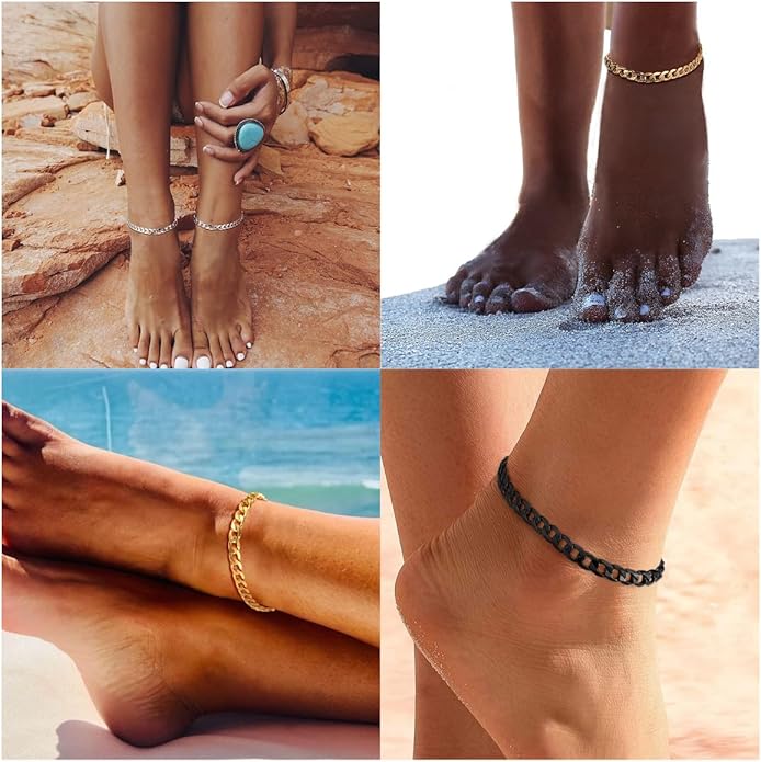 PROSTEEL Stainless Steel Chain Anklets for Women, Silver/Gold Tone, Ankle Bracelets Hypoallergenic, 8-10.5 Inch Adjustable, Come with Box