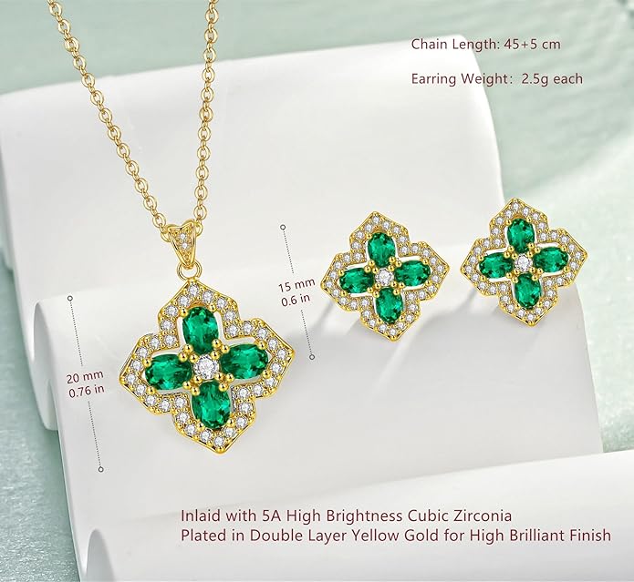 VONSSY Four Leaf Clover Necklace Earrings Shamrock Irish ST Patricks Jewelry Set Gift Green Emerald Zircon Crystal Stud 18k Gold Plated Chain Saint Pendant for Woman Wife Girlfriend
