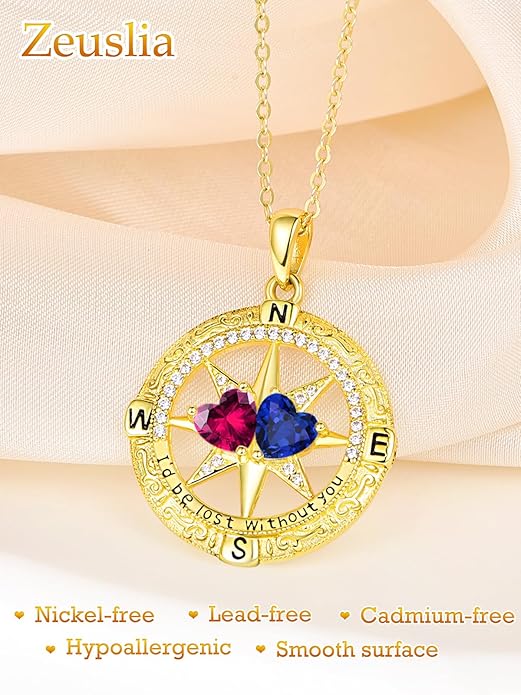 Zeuslia Double Birthstone Necklace Gifts for Wife - 925 Sterling Silver Sunflower/Rose/Crown Cross/Compass/Heart Pendant I Love You Necklace, Anniversary Birthday Gifts for Wife Girlfriend Mom Her