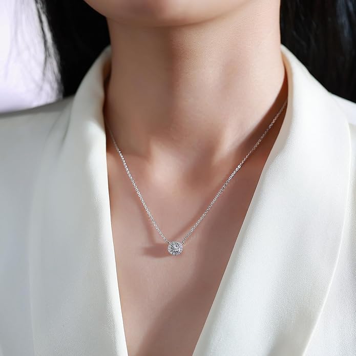Sterling Silver Lab Grown Diamond Halo Pendant Necklace, Chain Included,ideal gift for anniversaries, birthdays, or any milestone celebration