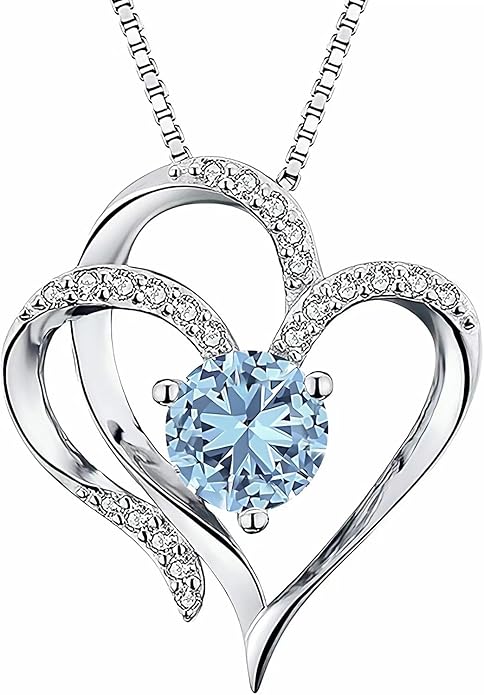 Double Heart Birthstone Necklace for Women - 925 Sterling Silver Adjustable Chain, 12-Month Cubic Zirconia Pendant, Gift for Wife/Girlfriend/Mom (Anniversary, Valentine's Day, Christmas)