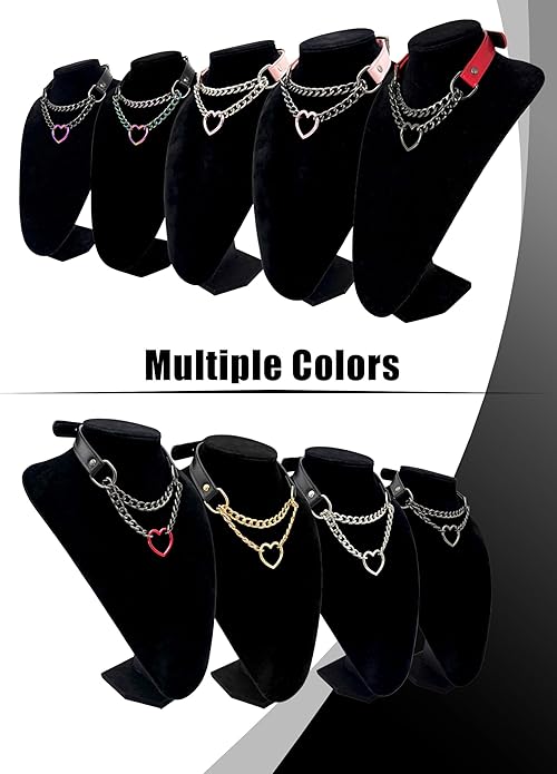 Black Leather Choker Collar For Women, Handmade Heart Slip Chain Choker Long Necklace with Adjustable Buckle