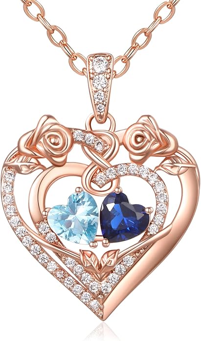 JIYVY32 Rose Heart Necklace for Women Exquisite 925 Sterling Silver Anniversary Birthday Gifts for Wife Mom Her Double Birthstone Pendant Jewelry