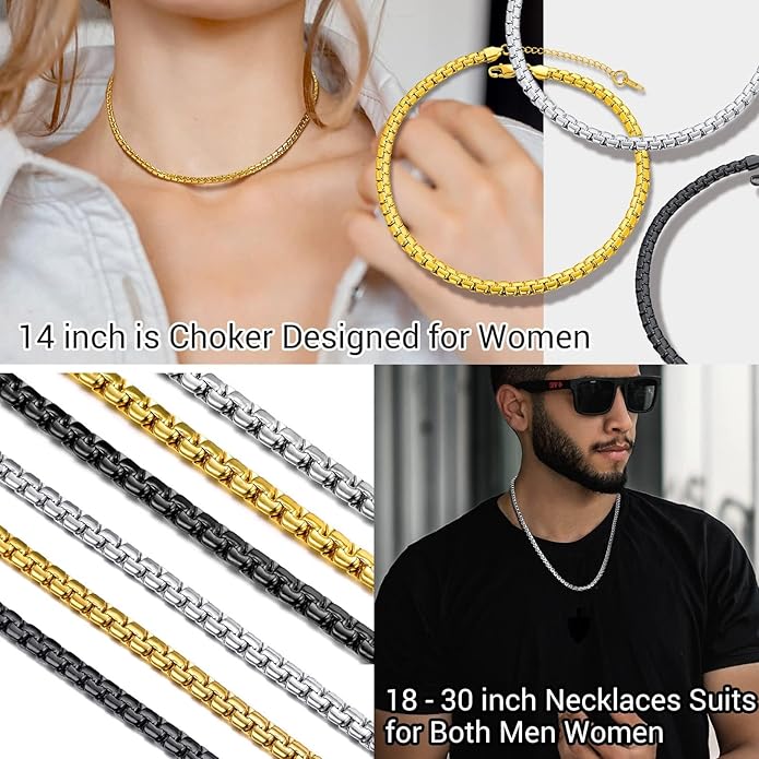 PROSTEEL Stylish Stainless Steel Round Link Chain Necklace for Men, 2mm/4mm/6mm/8mm. Silver/Gold/Black Tone, Hypoallergenic Jewelry, 14"-30", Come with Box