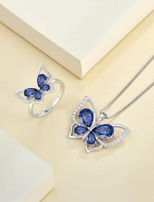 YL Women's Butterfly Necklace 925 Sterling Silver Flower Rose Pendant Birthstone Halo Jewelry